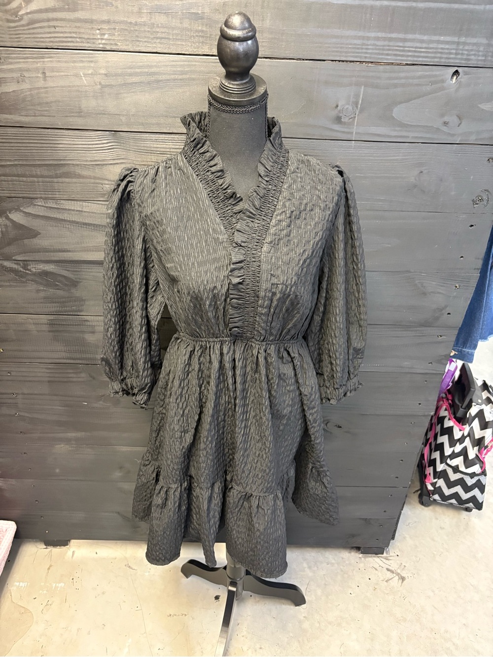 Umgee Black Textured Ruffle V-Neck Mini Dress